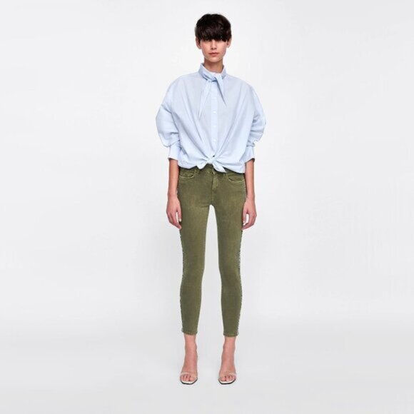EUC Zara olive khaki skinny cropped ankle washed look sparkle side stripe jeans - Picture 2 of 13